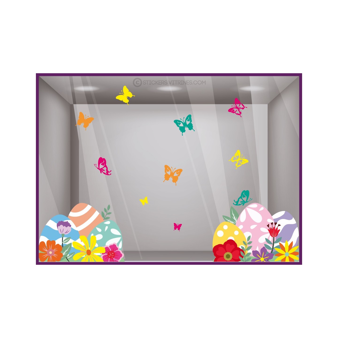 STICKER VITROPHANIE PAQUES OEUF CHOCOLAT PAPILLON VITRINE DECORATION BOUTIQUE MAGASIN BOULANGERIE SIGNALETIQUE AUTOCOLLANT GEANT