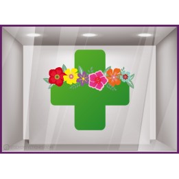 STICKER CROIX DE PHARMACIE FLEURS PRINTEMPS ETE VITROPHANIE MAGASIN SANTE CABINET MEDICAL SIGNALETIQUE ADHESIF FOURNISSEUR