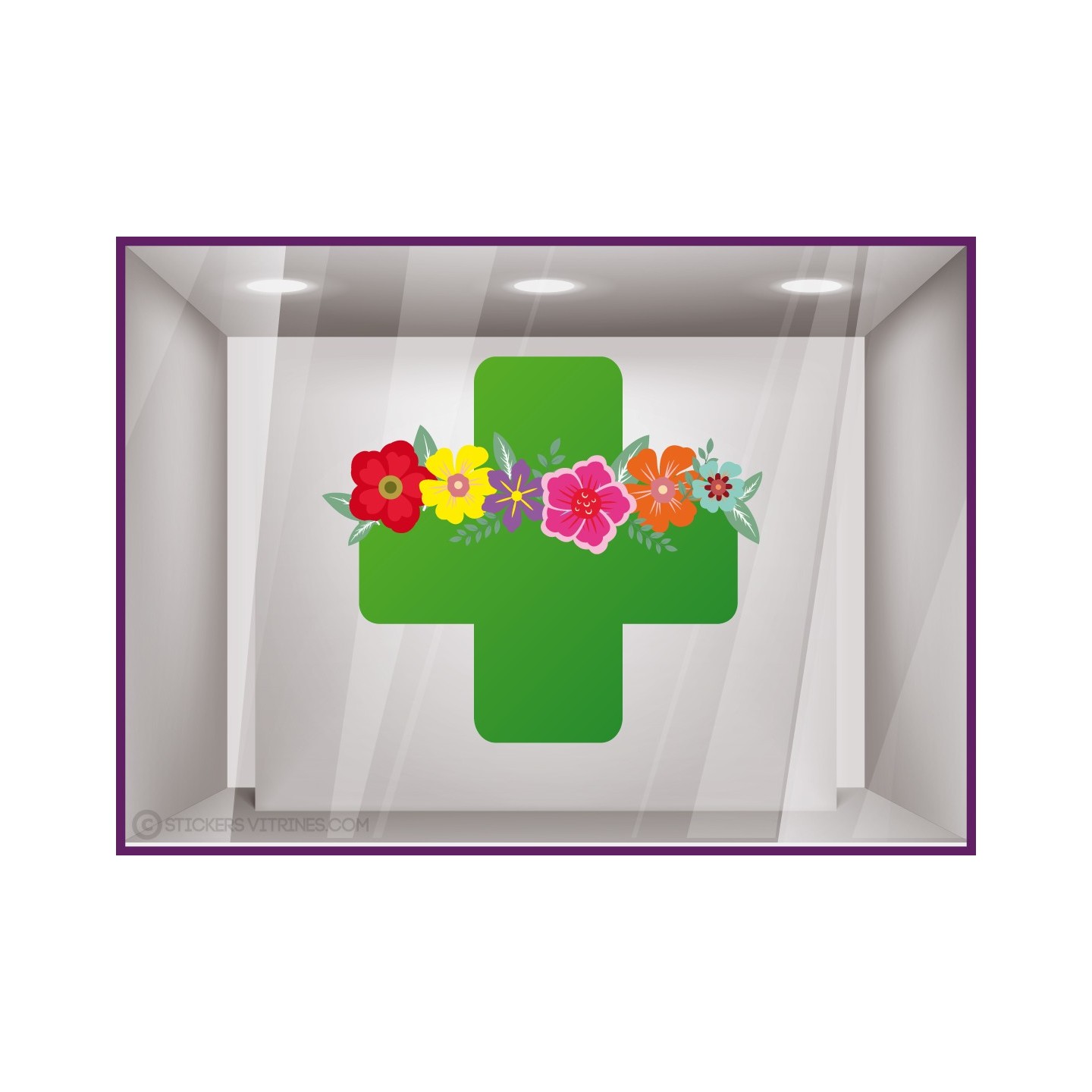 STICKER CROIX DE PHARMACIE FLEURS PRINTEMPS ETE VITROPHANIE MAGASIN SANTE CABINET MEDICAL SIGNALETIQUE ADHESIF FOURNISSEUR