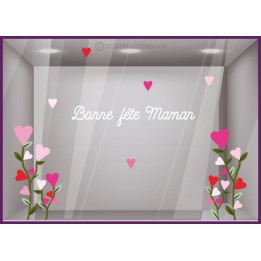STICKER ANGLE BOUQUETS DE COEURS ET FLEURS BONNE FETE MAAMN POUR VITRINE DE MAGASIN DECORATION ORIGINALE BIJOUTERIE FLEURISTE