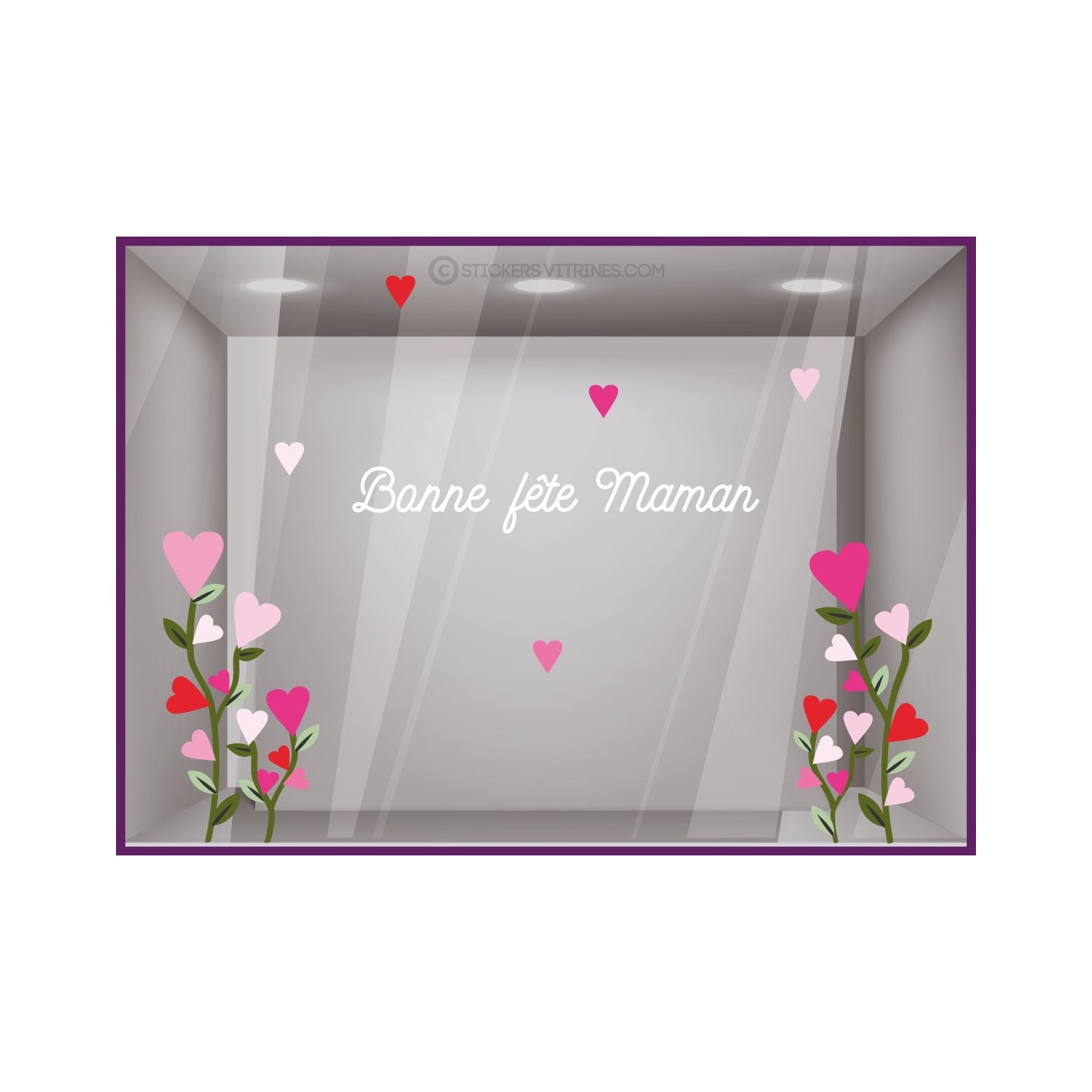 STICKER ANGLE BOUQUETS DE COEURS ET FLEURS BONNE FETE MAAMN POUR VITRINE DE MAGASIN DECORATION ORIGINALE BIJOUTERIE FLEURISTE
