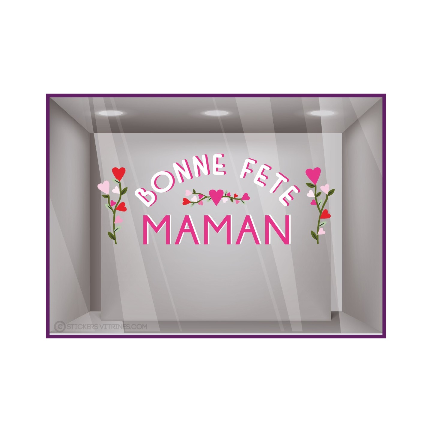 STICKER LETTRAGE ADHESIF POUR VITRINE DE MAAGSIN BONNE FETE MAMAN BOUQUET DE FLEURS ET COEURS POUR FLEURISTE