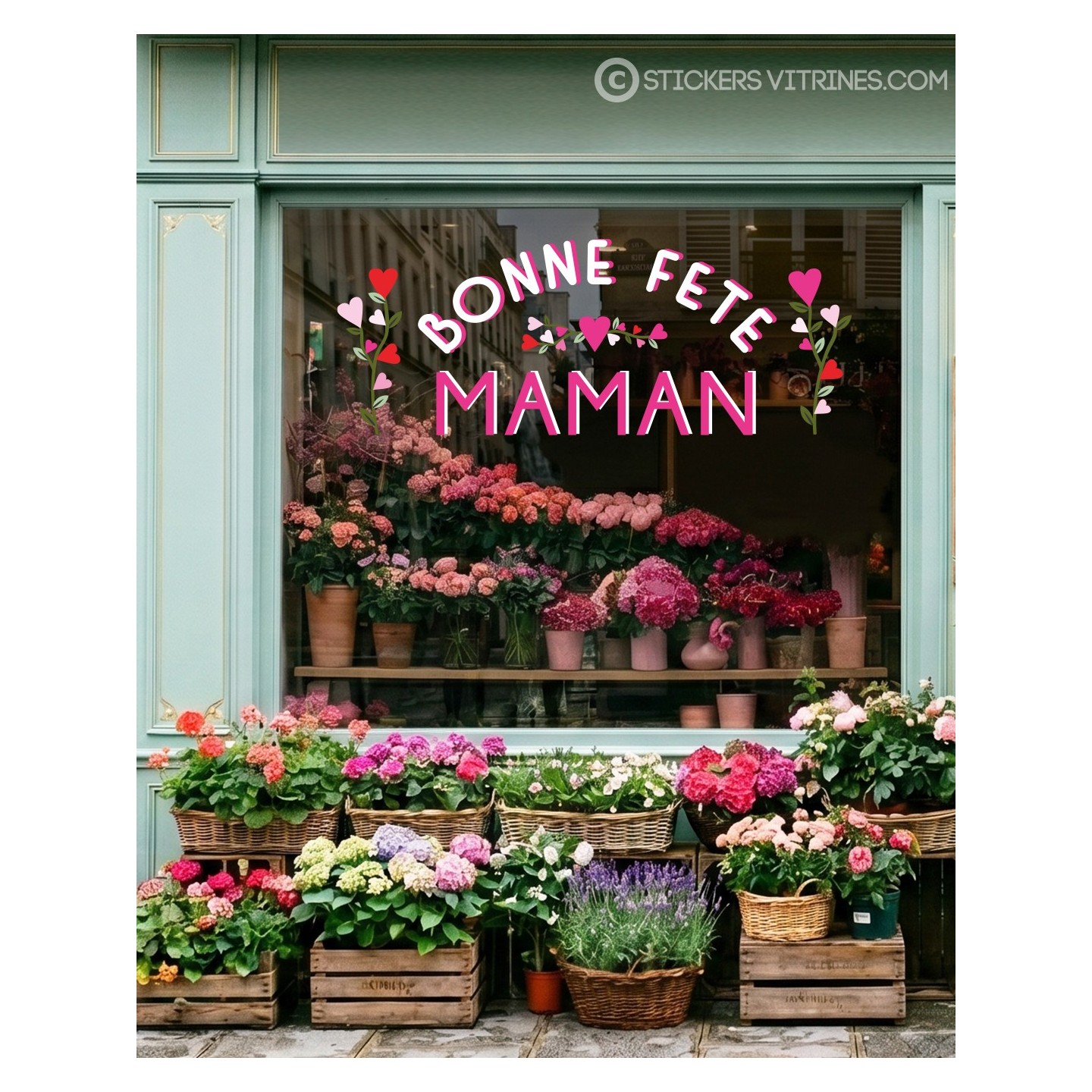 STICKER BONNE FETE MAMAN COEURS ET FLERUS LETTRAGES ADHESIF VITROPHANIE POUR VITRINE DE MAGASIN BIJOUTERIE
