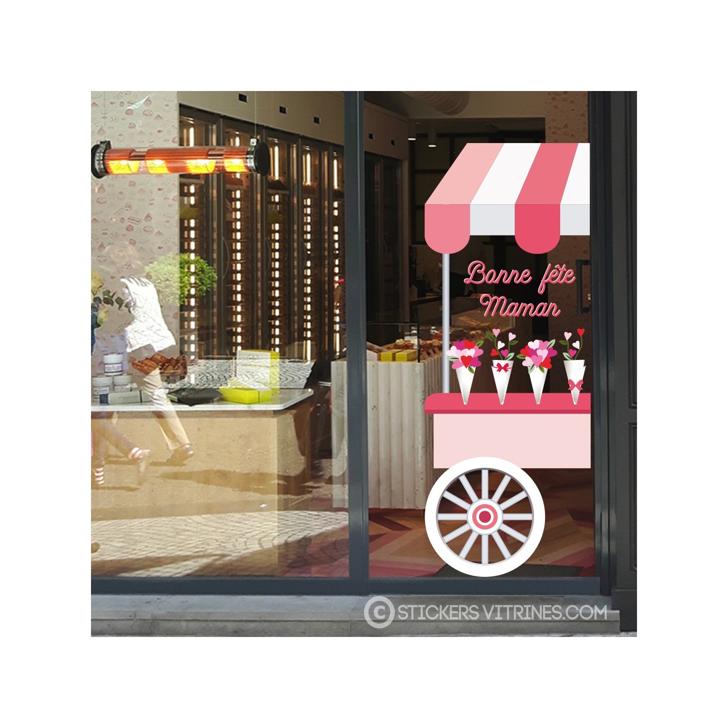 STICKER CHARIOT BONNE FETE MAMAN FETE DES MERES POUR VITRINE DE MAGASIN BIJOUTERIE FLEURISTE