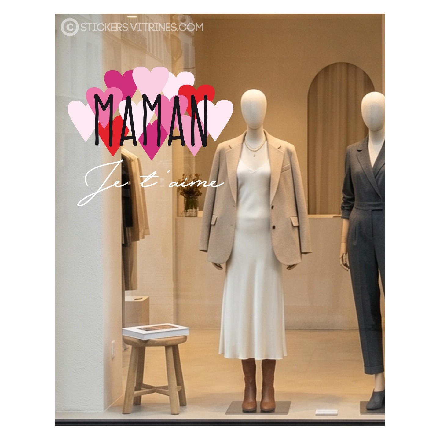 STICKER EN LETTRAGE ADHESIF POUR LA FETE DES MERES VITROPHANIE MAMAN JE T'AIME POUR VITRINE DE MAGASIN BIJOUTERIE ET FLEURISTE