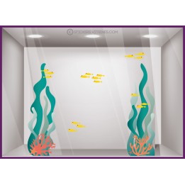 STICKER POUR VITRINE DE MAGASIN IDEE DECORATION ETE ALGUE CORAIL POISSON VITROPHANIE BOUTIQUE