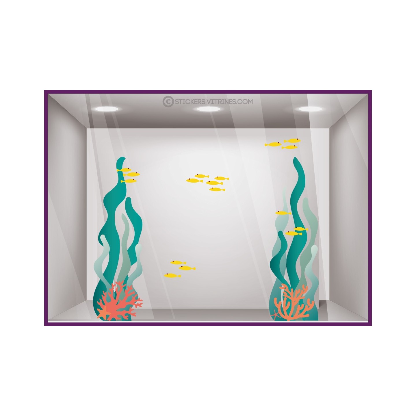 STICKER POUR VITRINE DE MAGASIN IDEE DECORATION ETE ALGUE CORAIL POISSON VITROPHANIE BOUTIQUE