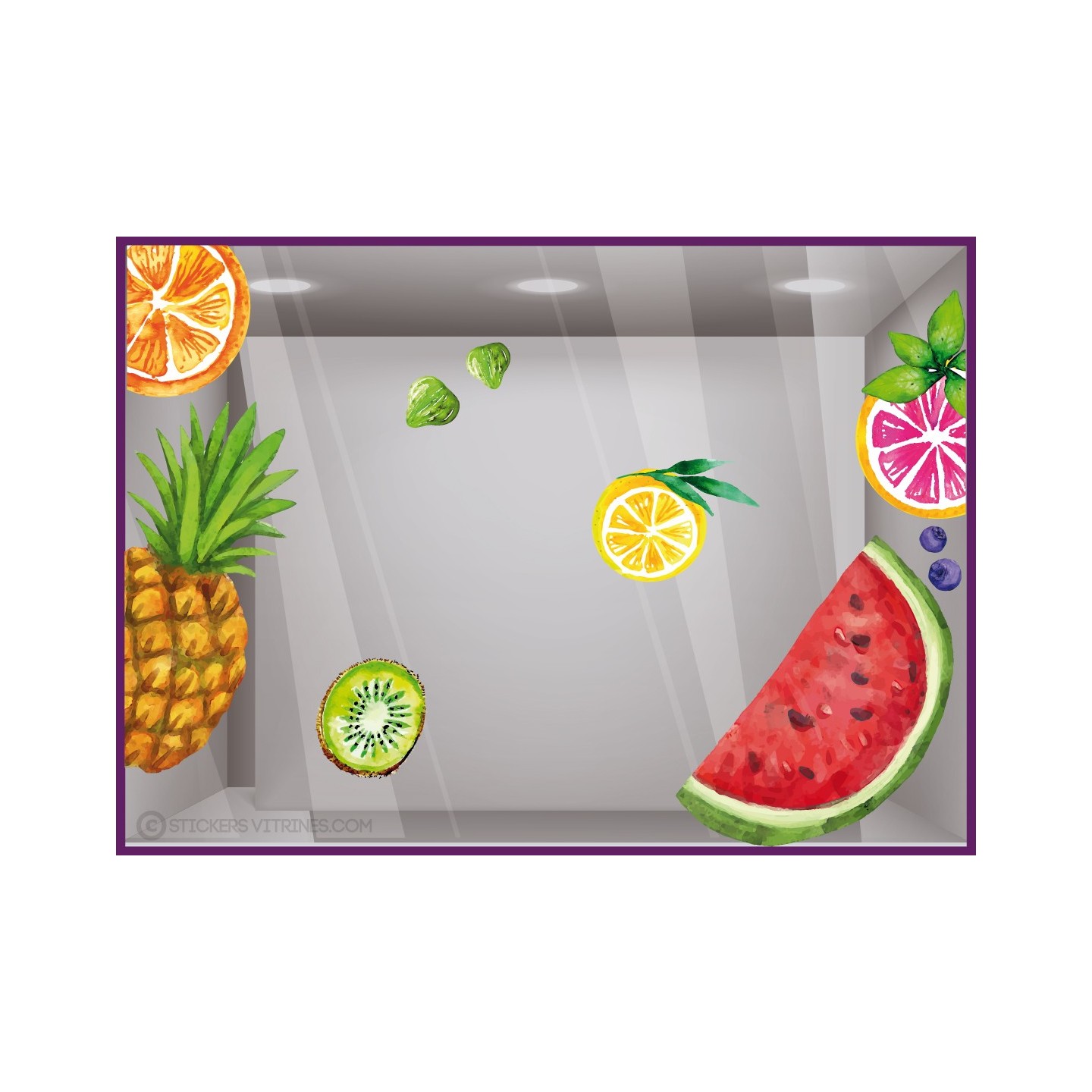 sticker fruit exotiques en autocollant geant pour décoration de vitrine été en vitrophanie pour magasin et boutique