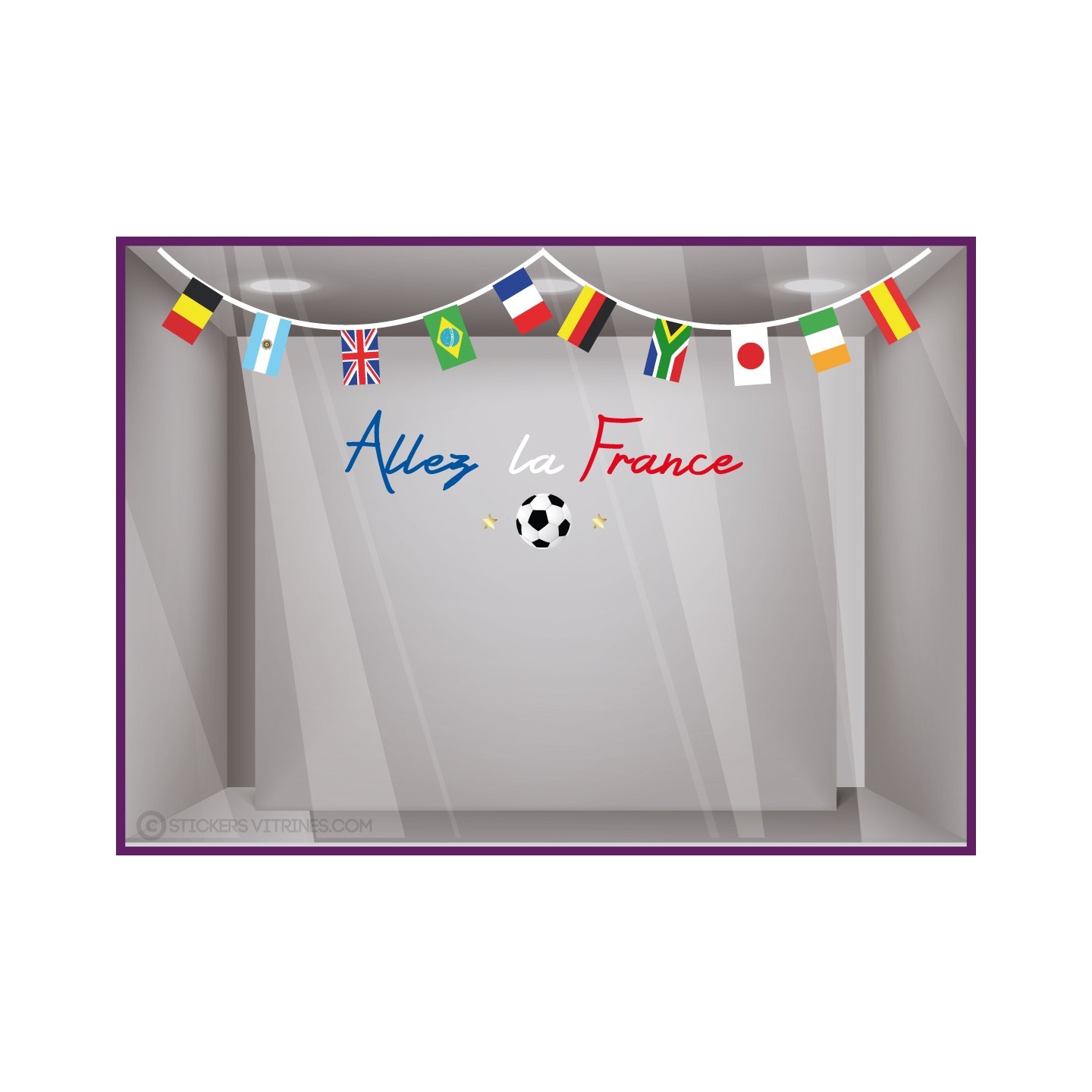 stickers allez la france ballon football guirlande drapeau vitrophanie idee decoration. vitrine de magasin