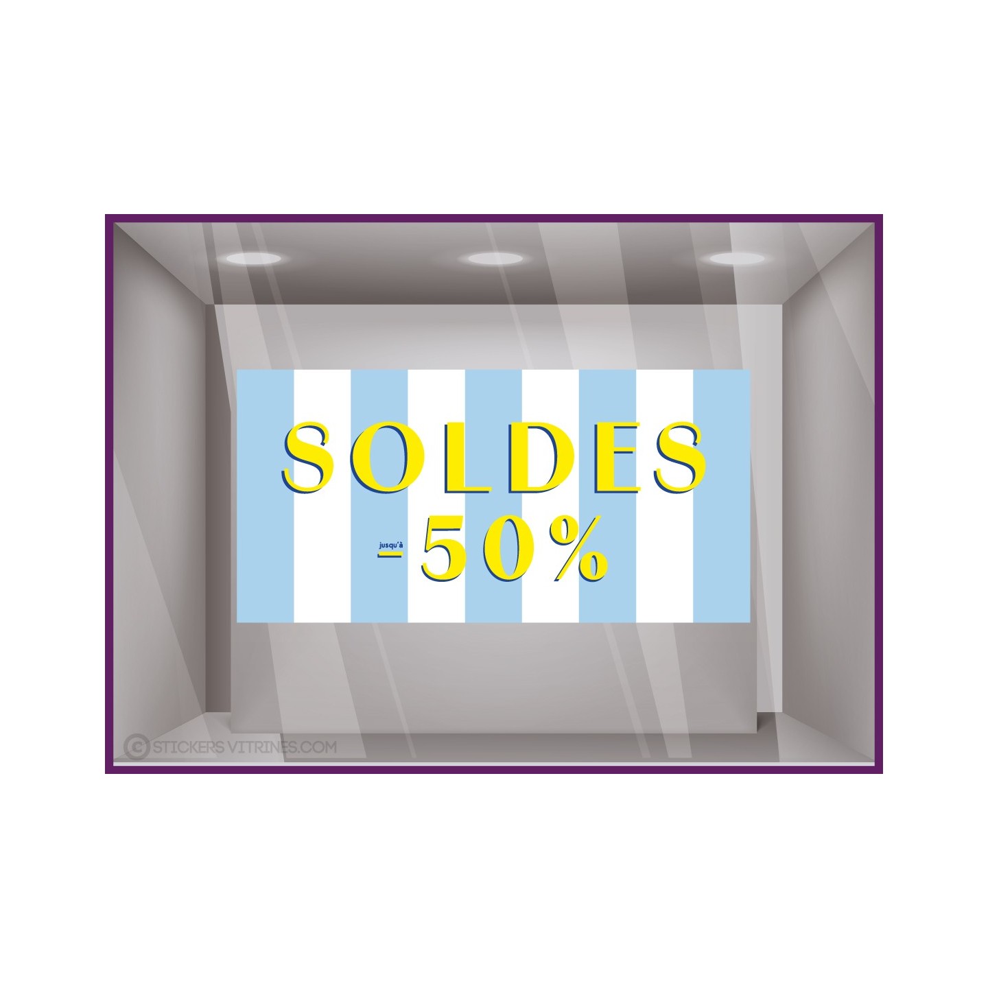 STICKER SOLDES 50% RAYURES DE PLAGE BLEU CALICOT VITRINE DE MAGASIN FOURNISSEUR