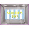 STICKER SOLDES 50% RAYURES DE PLAGE BLEU CALICOT VITRINE DE MAGASIN FOURNISSEUR