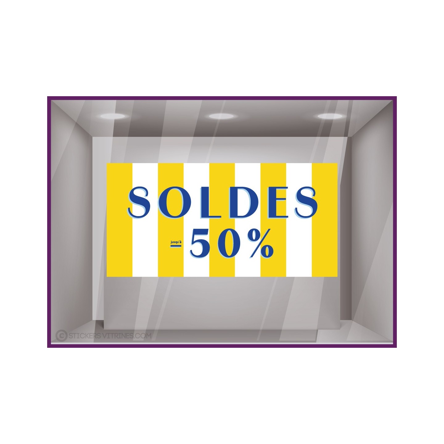 STICKER SOLDES 50% RAYURES DE PLAGE JAUNE IMPRIMEUR STIKER PAS CHER VITRINE COMMERCE