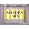 STICKER SOLDES 50% RAYURES DE PLAGE JAUNE IMPRIMEUR STIKER PAS CHER VITRINE COMMERCE