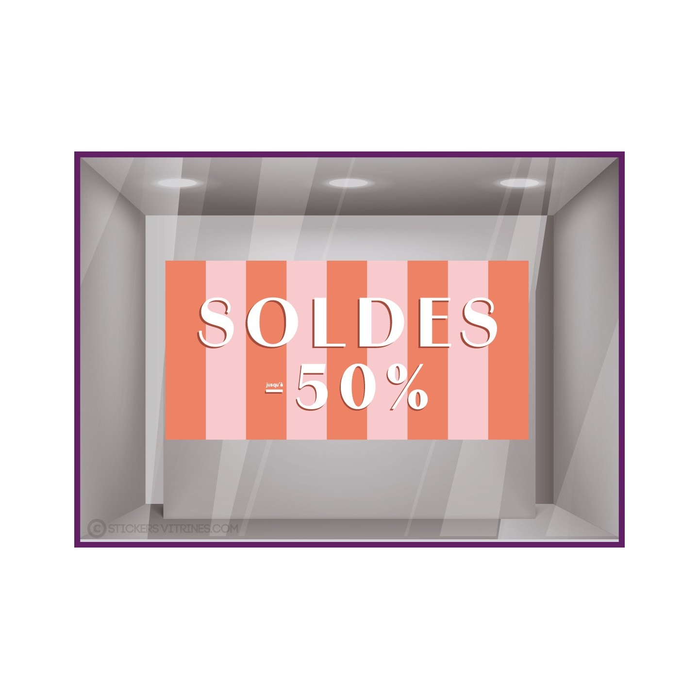 STICKER SOLDES 50% RAYURES DE PLAGE ROSE CALICOT POUR VITRE DE BOUTIQUE FABRICANT