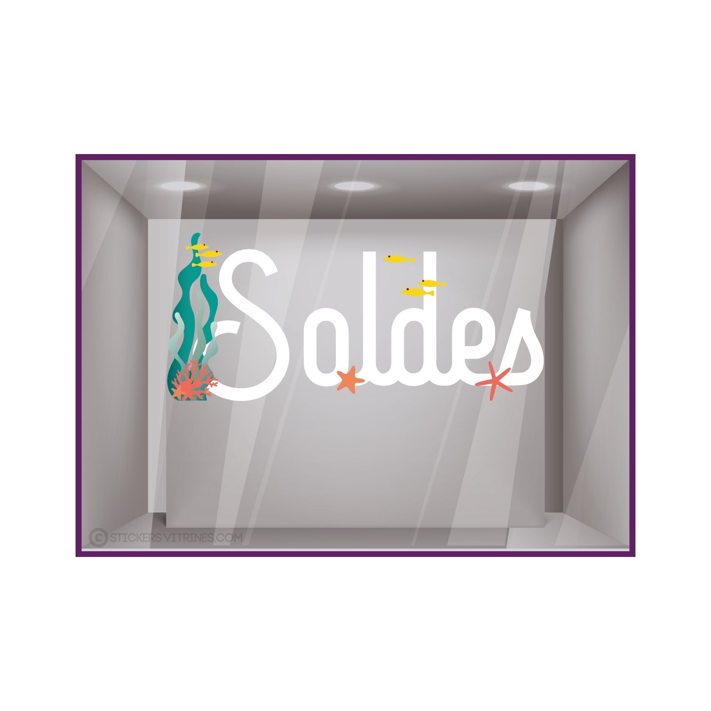 STICKER SOLDES ALGUES ET POISSON OCEAN POUR VITRINE DE MAGASIN VITROPHANIE LETTRAGE ADHESIF POUR BOUTIQUE PAS CHER