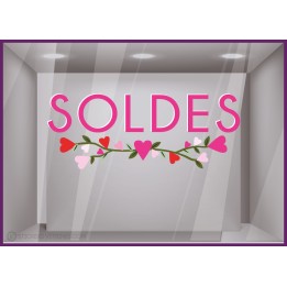 STICKER SOLDES FUSCHIA BOUQUET DE COEURS LETTRAGE ADHESIF POUR VITRINE DE MAGASIN ST VALENTIN FOURNISSEUR