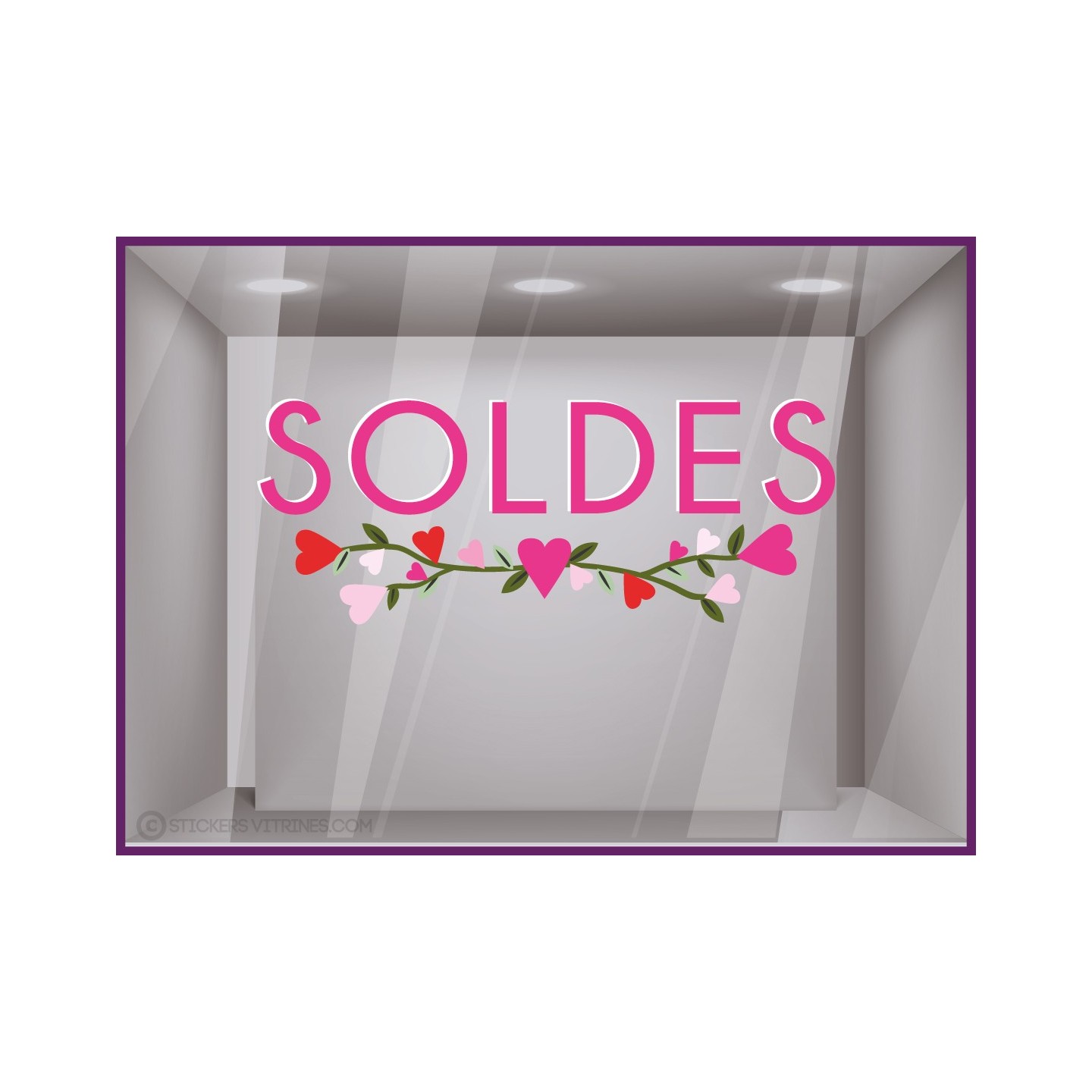 STICKER SOLDES FUSCHIA BOUQUET DE COEURS LETTRAGE ADHESIF POUR VITRINE DE MAGASIN ST VALENTIN FOURNISSEUR