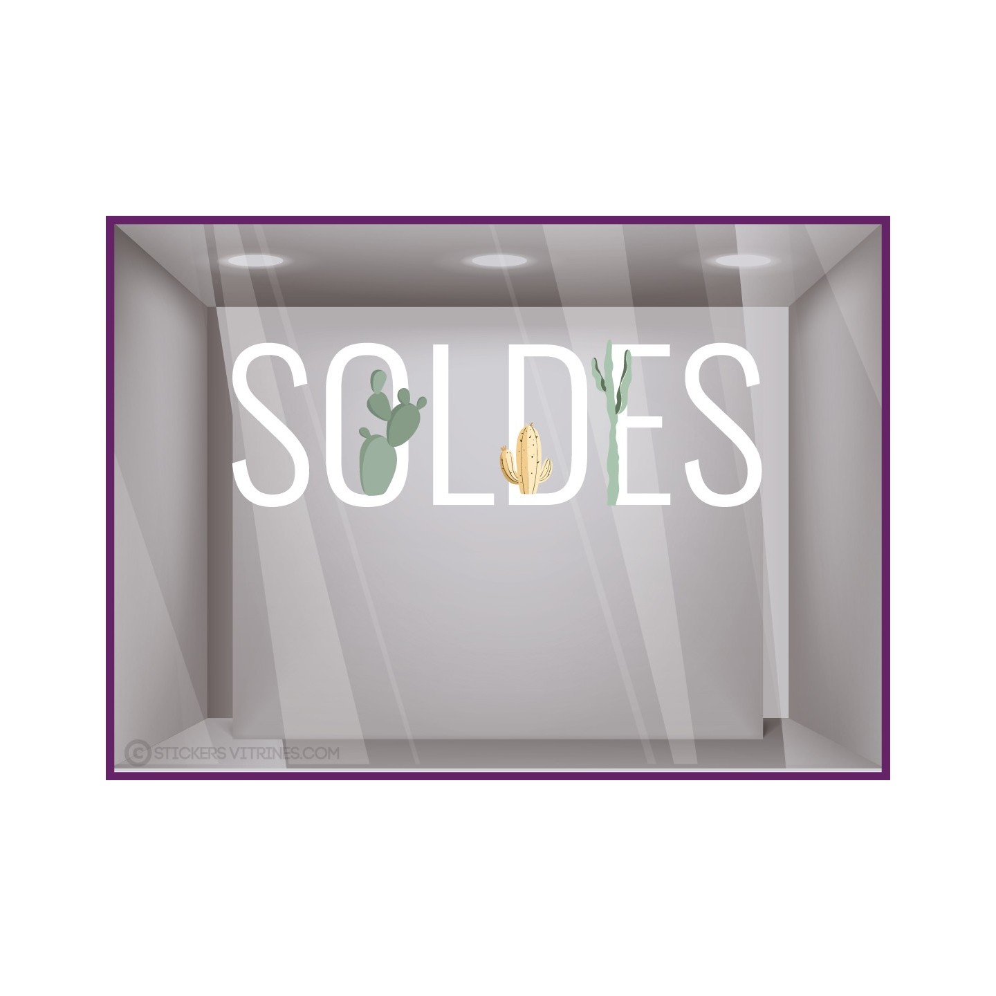STICKER SOLDES CACTUS IDEE DECORATION VITRINE ETE LETTRAGE ADHESIF FABRICANT VITROPHANIE