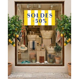 STICKER BANDEAU SOLDES RAYURE CALICOT PLAGE VITROPHANIE AUTOCOLLANT GEANT POUR VITRINE DE MAGASIN