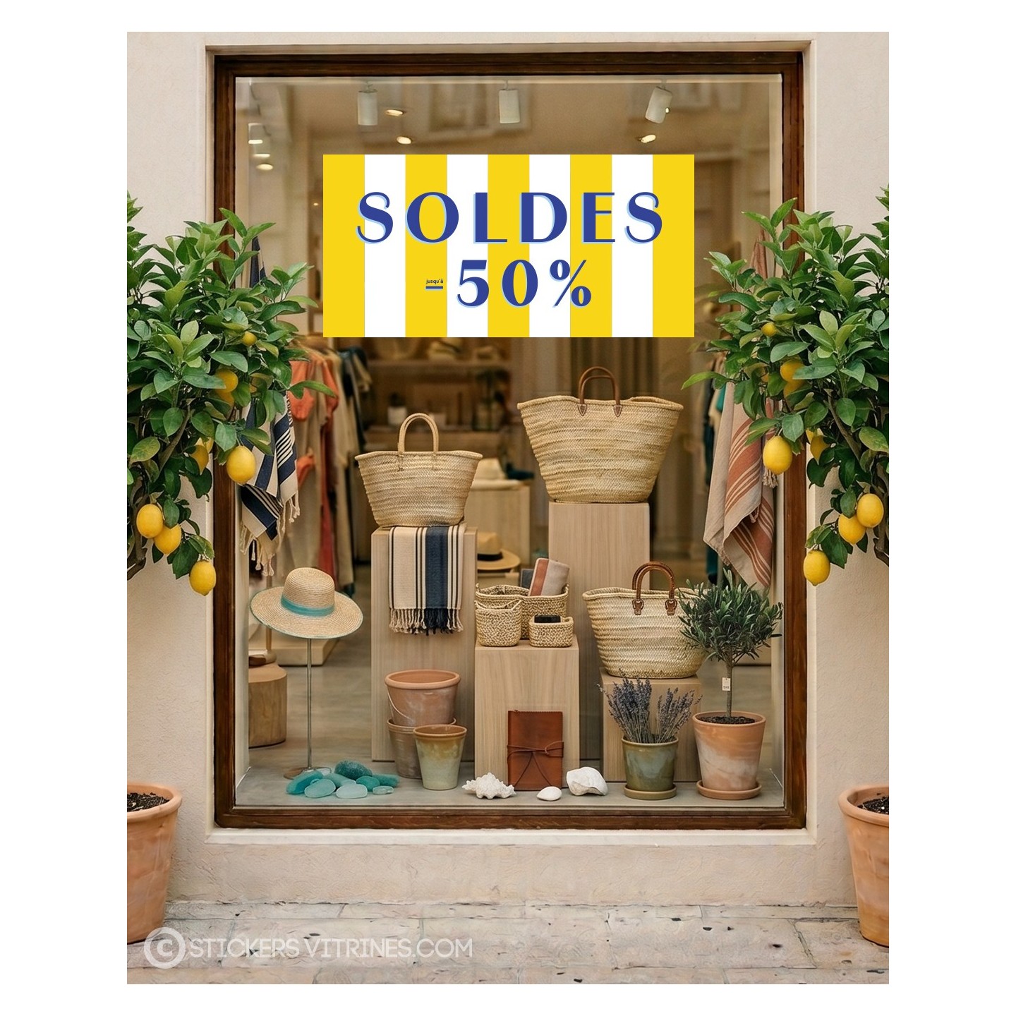 STICKER BANDEAU SOLDES RAYURE CALICOT PLAGE VITROPHANIE AUTOCOLLANT GEANT POUR VITRINE DE MAGASIN