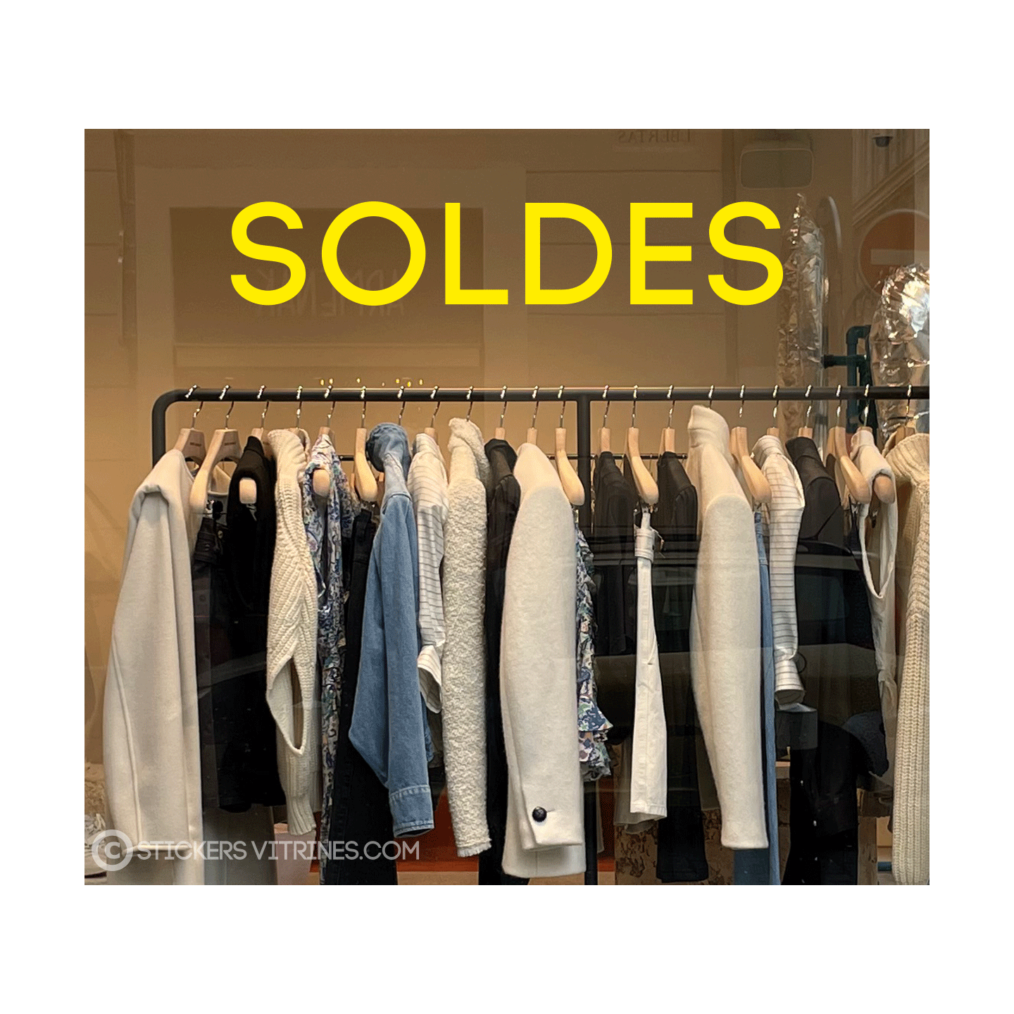 STICKER LETTRAGE ADHESIF SOLDES JAUNE VITROPHANIE POUR VITRINE DE MAGASIN BOUTIQUE FOURNISSEUR AUTOCOLLANT PAS CHER
