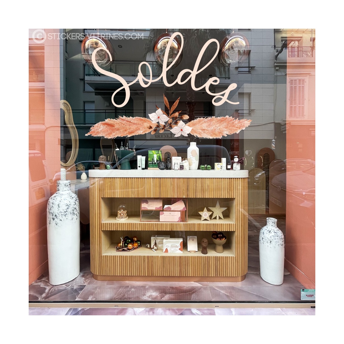 Sticker Soldes Pampa pour vitrine et devanture de magasin bohème