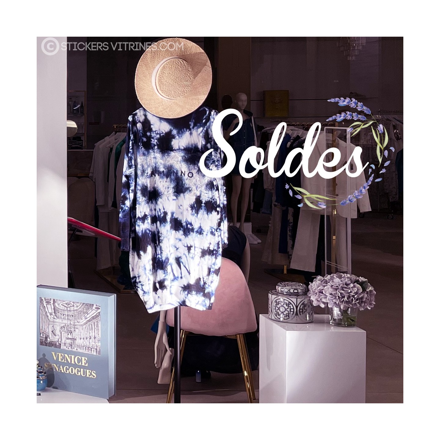 Sticker adhésif Soldes Lavande pour vitrine de destockage et braderie