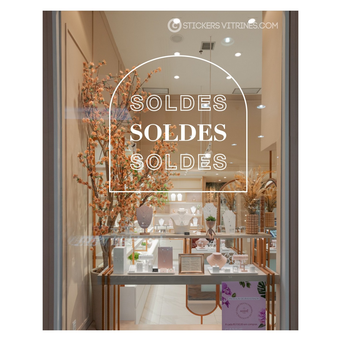 STICKERS SOLDES LETTRAGE ADHESIF CADRE ARRONDI DESIGN VITRINE DE MAGASIN IDEE DECORATION MERCHANDISING BOUTIQUE PROFESSIONNEL