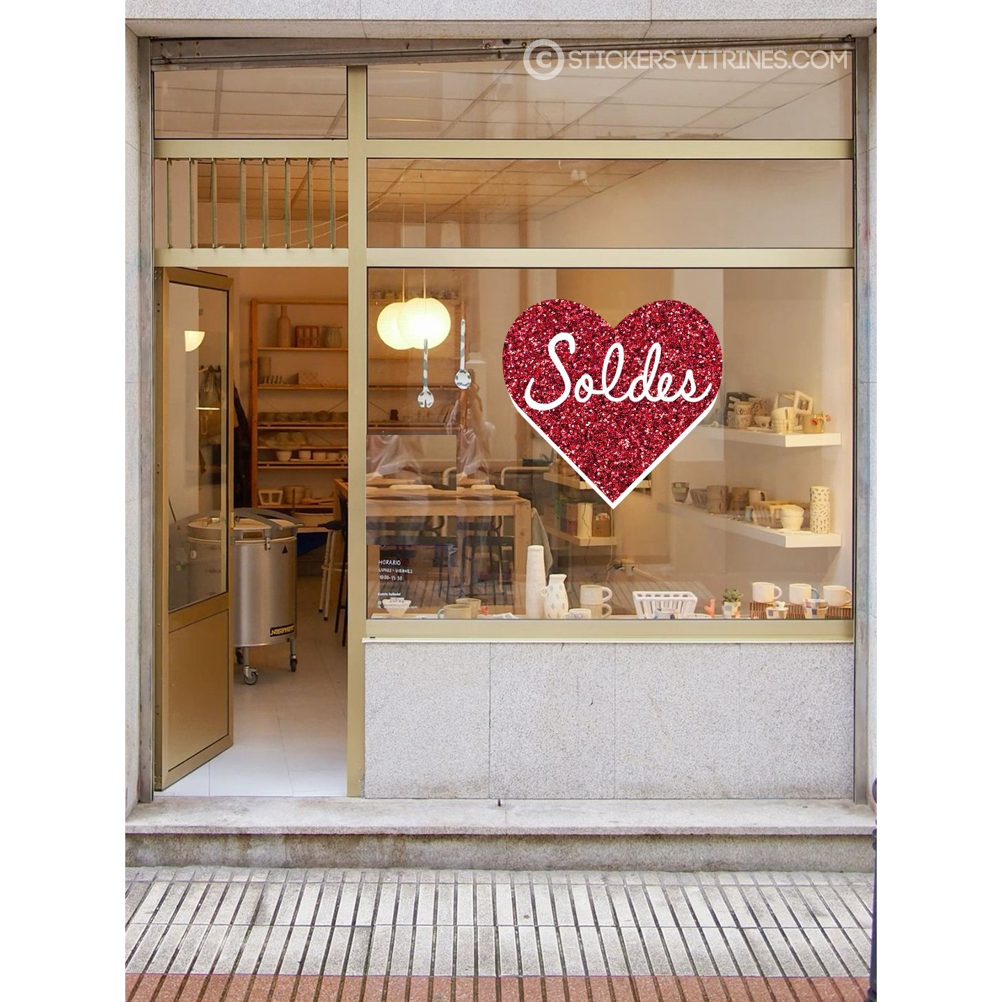 Sticker Coeur Paillettes Soldes pour vitrine de magasin professionnel