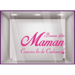 Sticker Maman couverte de cadeaux fete des meres maman mode institut beaute bijouterie fleuriste parfumerie calicot vitrophanie 