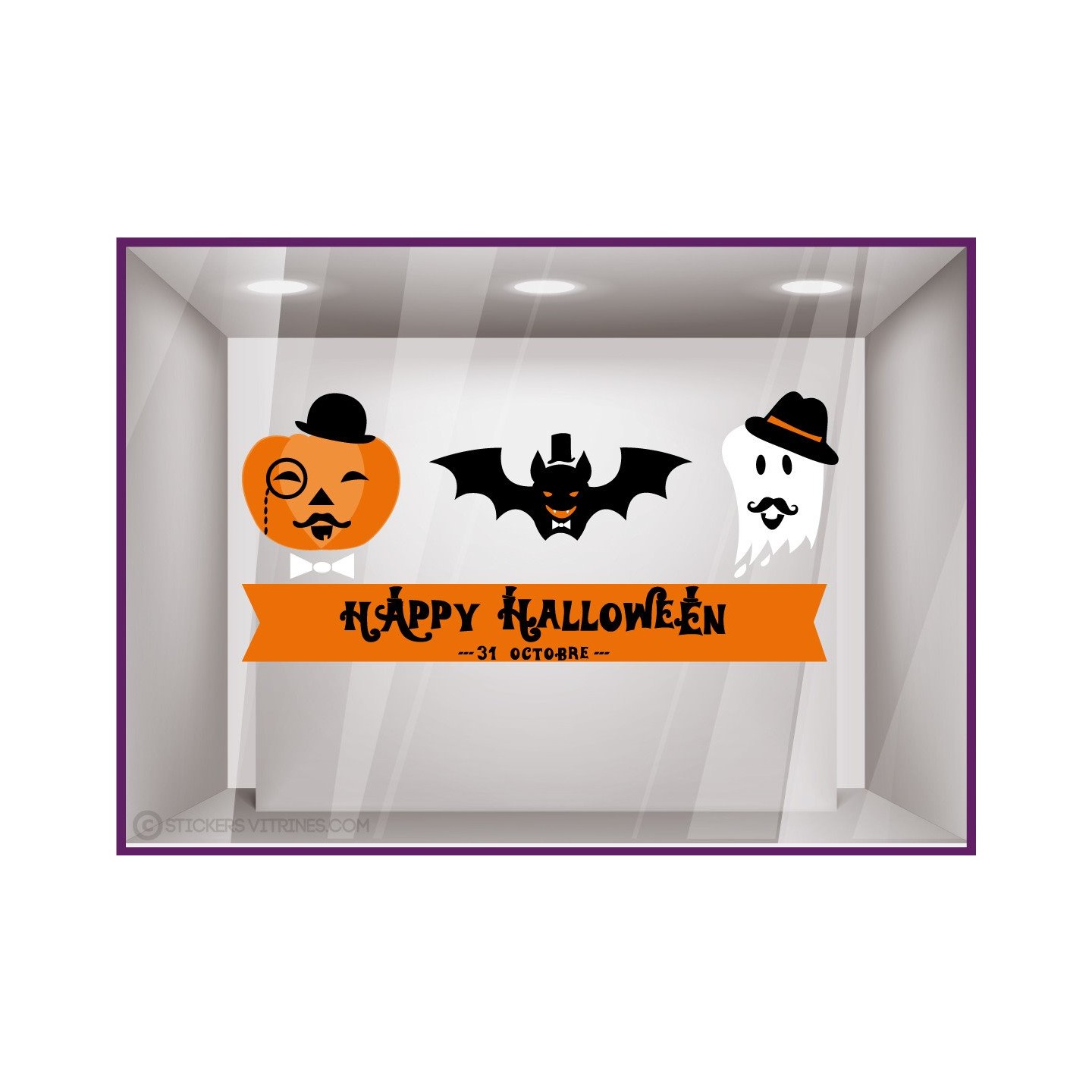 Kit de stickers Happy Halloween-vitrine-devanture-fantome-citrouille-chauve-souris-boutique