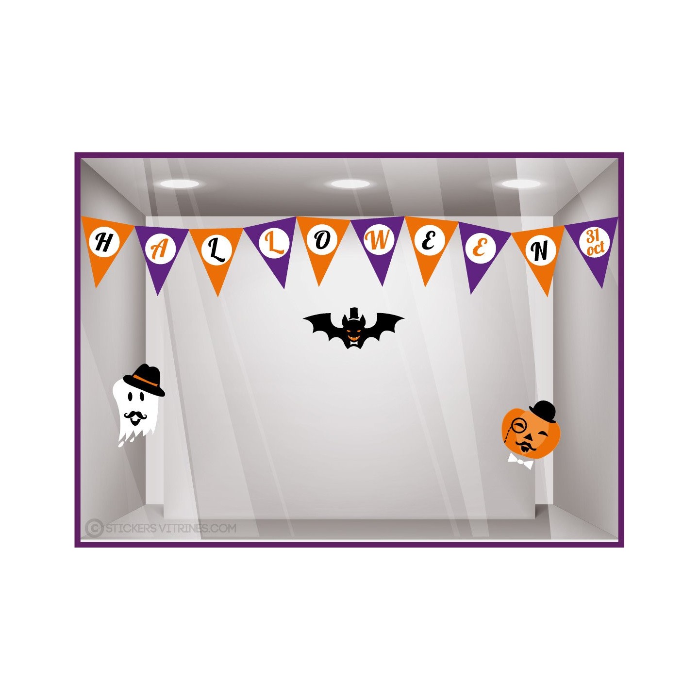 Kit de stickers Halloween-vitrine-devanture-octobre-boutique-magasin-citrouille-fantome-chauve-souris