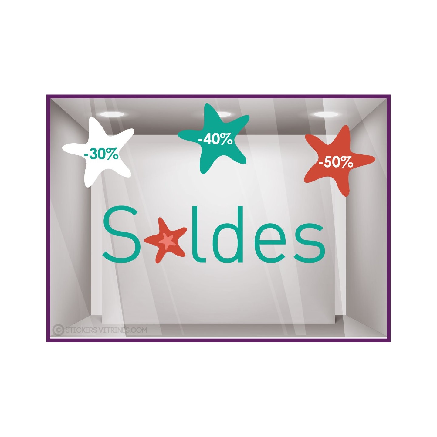 Kit de Stickers Soldes Etoiles de Mer pourcentage promotion destockage braderie bord de mer boutique mode vitrophanie 