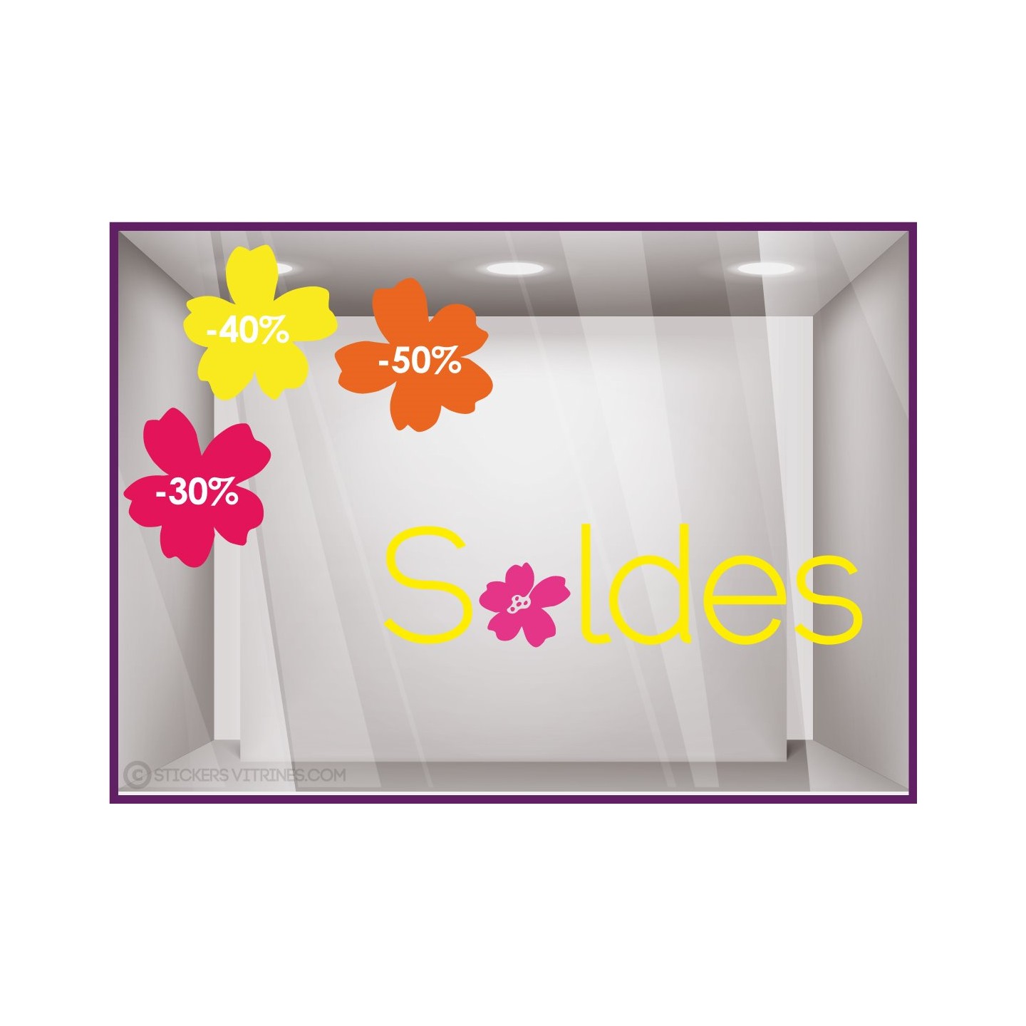 Kit de Stickers Soldes fleurs pourcentage promotion destockage braderie liquidation mode maroquinerie lettrage adhesif ete 