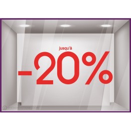 Sticker Jusqu'`a -20% lettrage adhesif pourcentage mode maroquinerie parfumerie vitrophanie destockage braderie